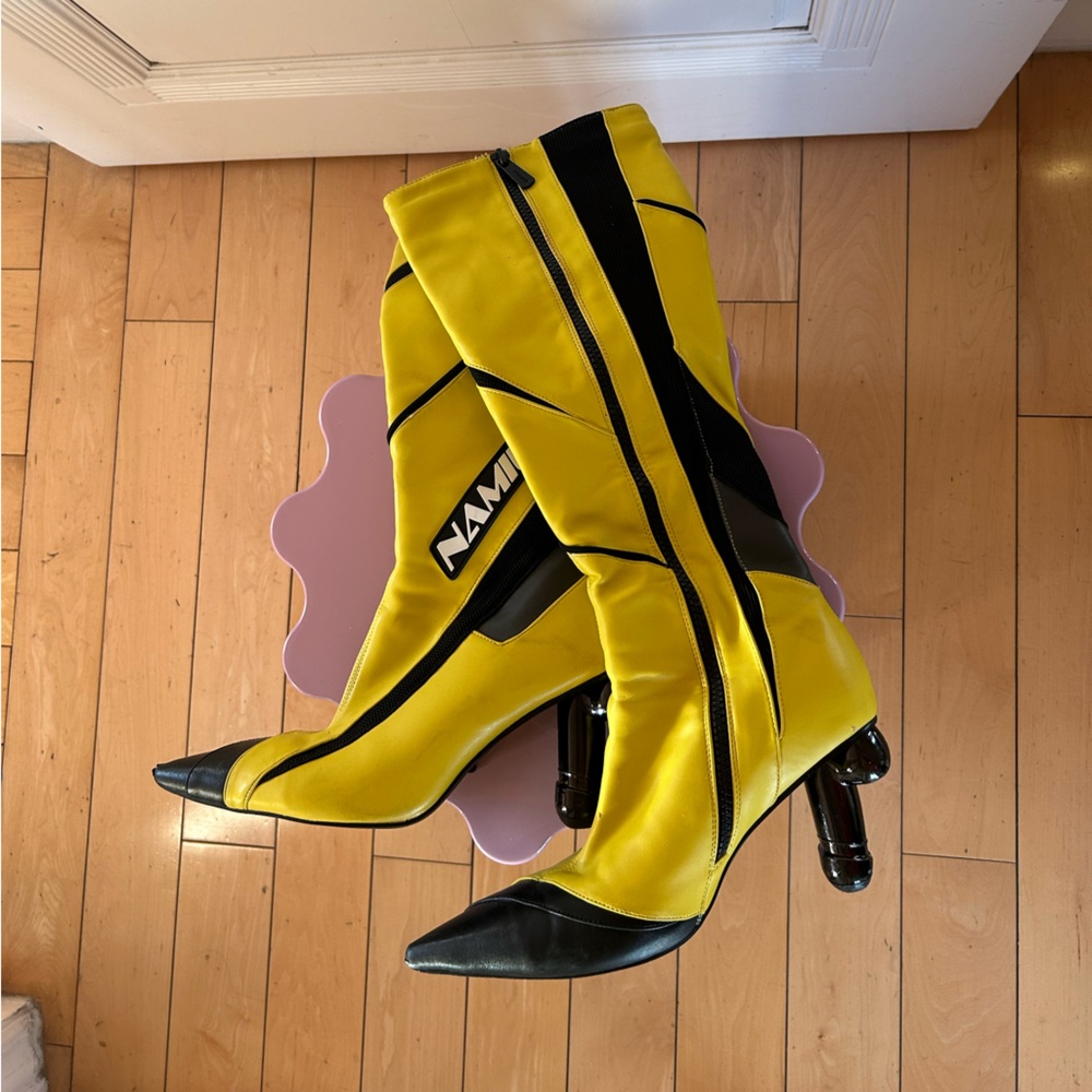 Namilia Dick Heel Knee High Moto Boots in Yellow
